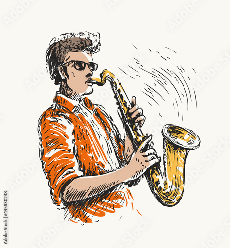 Man playing saxophone. Solo melodic performance vector illustration