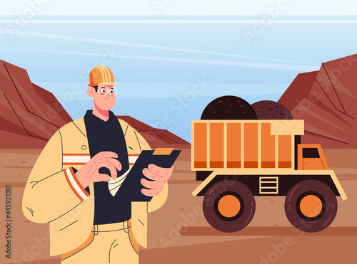 Coal mining engineer man character inspecting work process concept. Vector flat modern style graphic illustration
