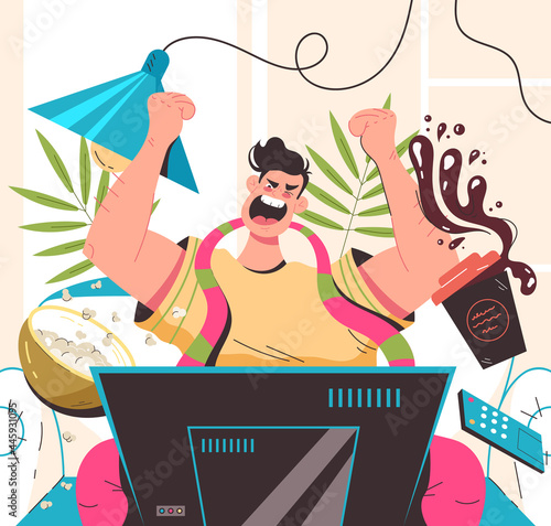 Sport fan man character sitting in front of TV and screaming supporting favourite team. Vector flat modern style graphic illustration