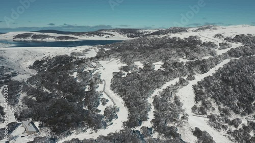 An aerial shot of snow moutain at Falls Creek, along the ski resort, VIC Australia