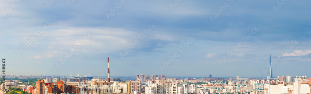 Obraz premium Panoramic aerial view of the Primorsky district of Saint Petersburg, Russia, the Gulf of Finland, Skyscraper Lakhta center and Gazprom Arena in the background