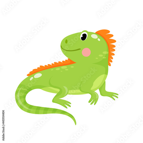 Vector illustration of cute green iguana isolated animal on white background  for kids app  game  book  clothing print  card.
