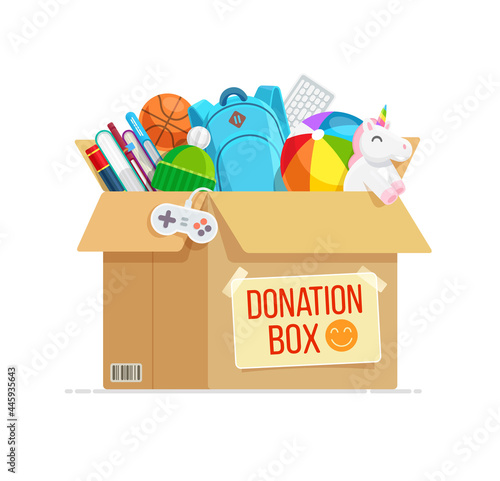 Cardboard Donation Box full of books, toys, clothes and things for children - flat vector illustration. Social care, help orphan children and support for poor kid. Volunteering and charity concept