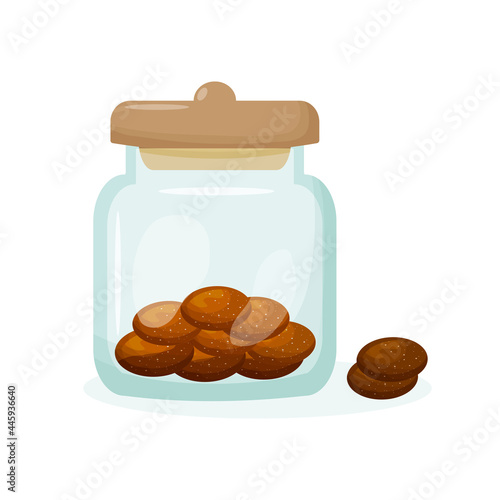 Glass jar with choclate cookies inside. Crockery for sweets. Vector illustration in cartoon style.