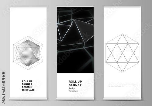 The vector layout of roll up banner stands, vertical flyers, flags design business templates. 3d polygonal geometric modern design abstract background. Science or technology vector illustration.