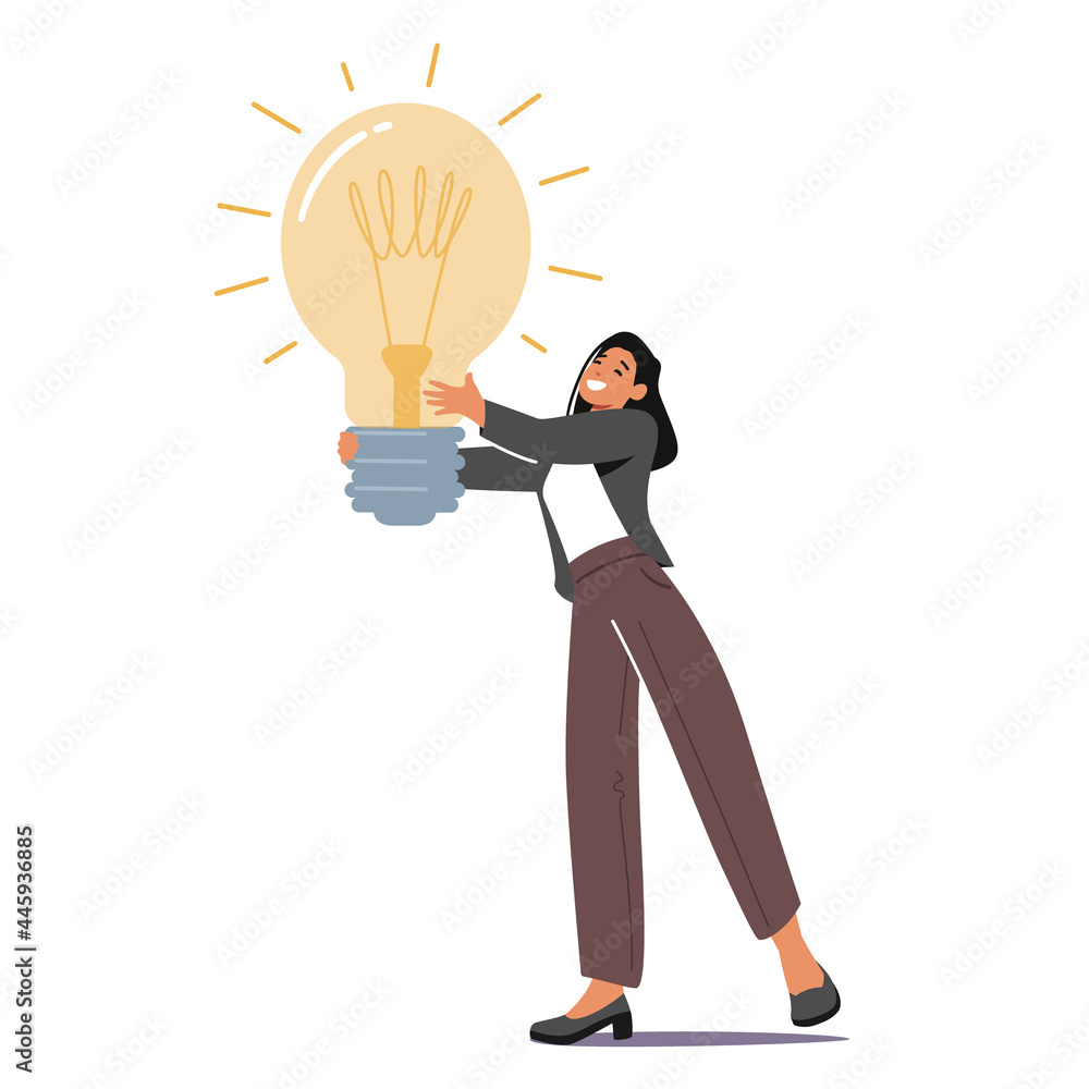 Tiny Female Character with Huge Glowing Light Bulb in Hands. Businesswoman Has Creative Idea, Muse, Business Vision Tiny Female Character with Huge Glowing Light Bulb in Hands. Businesswoman Has Creative Idea, Muse, Business Vision
