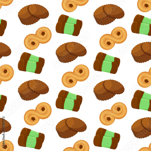Seamless pattern with traditional swedish sweets. Chokladboll, lussekatt, dammsugare and pepparkakor (ginger cookies). Vector illustration in the cartoon style.