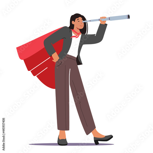 Businesswoman in Super Hero Cloak Watch to Spyglass Isolated on White Background. Business Vision, Recruitment Employee