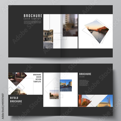 Vector layout of two covers templates with geometric simple shapes, lines and photo place for square design bifold brochure, flyer, magazine, cover design, book, brochure cover.