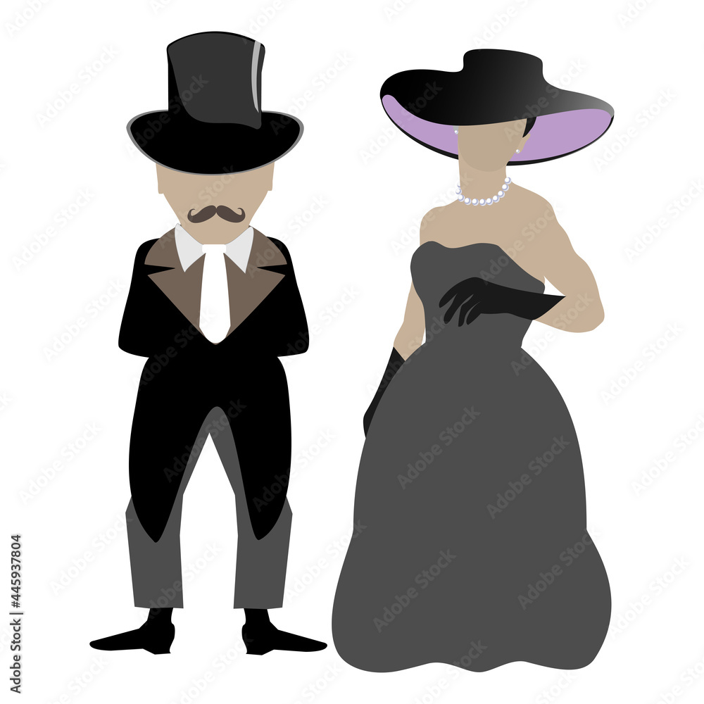 Antique lady and gentleman. Ancient retro clothing. A woman in a ball gown and a man in a tailcoat. Vector illustration isolated on transparent background. Antique lady and gentleman. Ancient retro clothing. A woman in a ball gown and a man in a tailcoat. Vector illustration isolated on transparent background.
