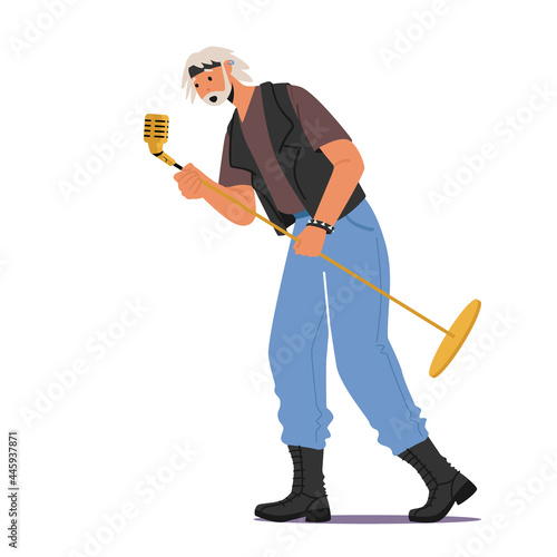 Old Man Dancing and Jumping on Stage Performing Rock Composition in Karaoke Bar. Artist Male Character Singing