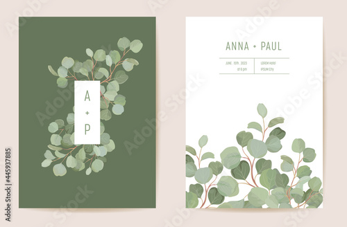 Watercolor eucalyptus, green leaf branches floral wedding card. Vector tropical leaves greenery invitation