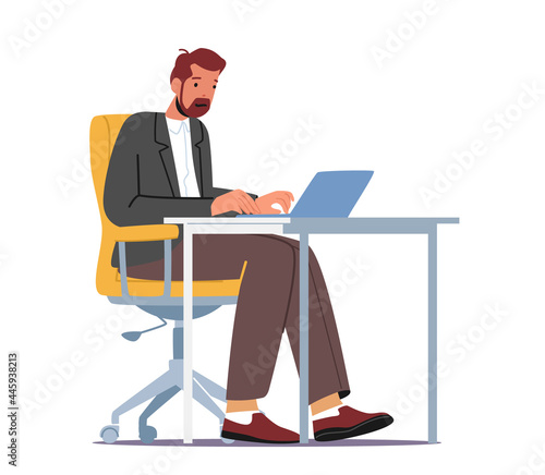 Business Man Character Working on Laptop Sitting at Desk Workplace in Office or Home. Manager, Clerk Work on Computer