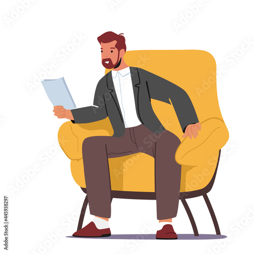 Businessman Character Wearing Formal Wear Sitting in Armchair Reading Paper Document, Applicant Cv, Data Analysis Report