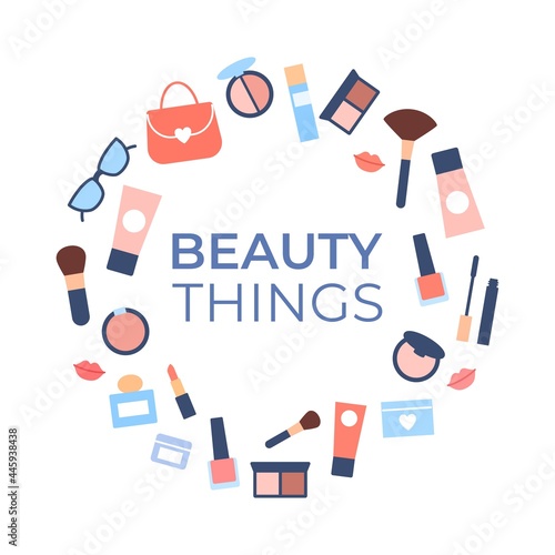 Woman accessories circle frame isolated on white background. Natural products cosmetics packaging cream bag perfume accessories for makeup.