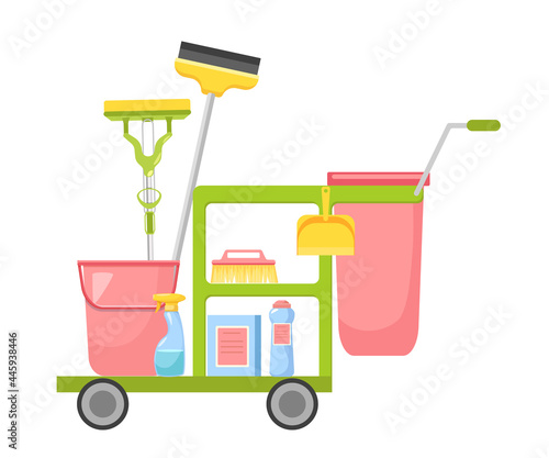 Janitor Cart with Cleaning Service Equipment Brush, Scraper, Detergent, Bucket Tools for Washing and Housekeeping Works