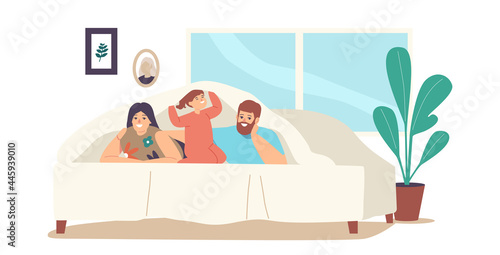Happy Family Characters Mother, Father and Little Daughter Lying Under Blanket on Bed in Room Decorated with Garland