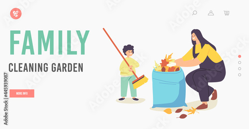 Family Cleaning Garden Landing Page Template. Happy Mother and Baby Collecting Leaves to Bag. Characters Cleanup