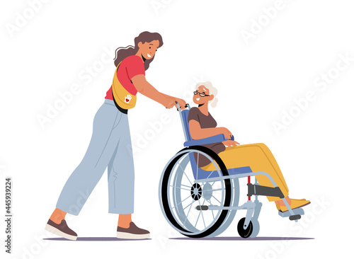 Volunteer Character Help Old People in Nursing Home. Young Social Worker Care of Sick Senior Woman Driving on Wheelchair