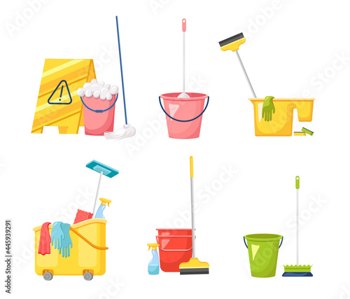 Set of Cleaning Service Equipment, Maid Tools for Washing and Housekeeping Works. Sign, Bucket with Soap, Brush, Mop