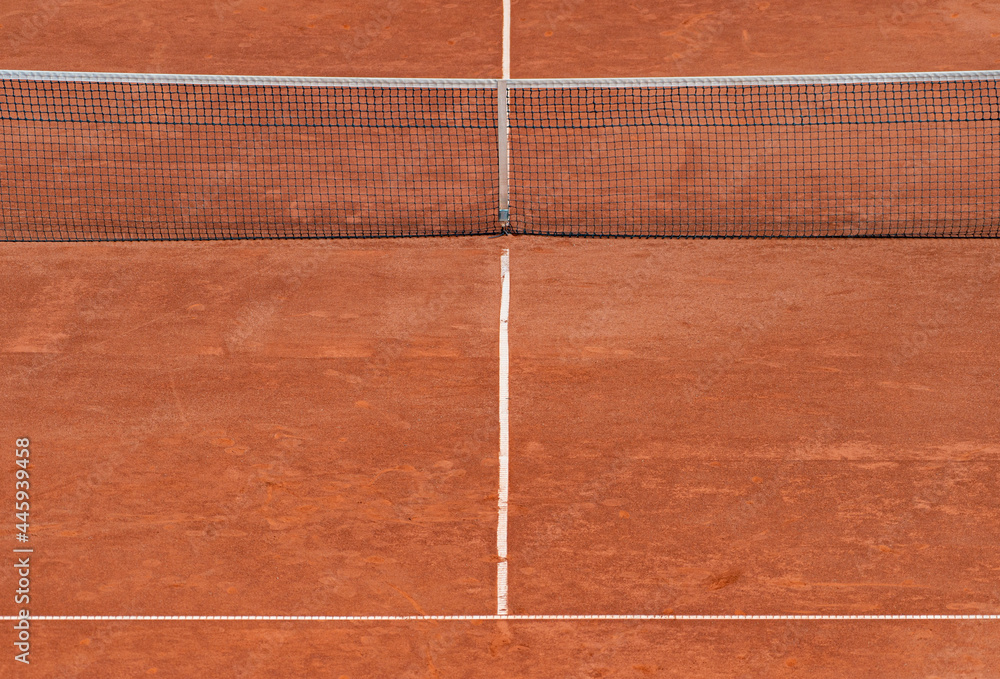 Empty clay tennis court and net. Professional sport concept. Horizontal sport poster, greeting cards, headers, website