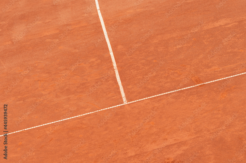 Empty clay tennis court and net. Professional sport concept. Horizontal sport poster, greeting cards, headers, website