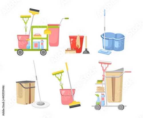 Set of Cleaning Service Equipment Janitor Mop, Detergent Bottle, Plunger, Brush Maid Tools for Washing and Housekeeping