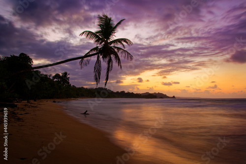 Fototapeta Naklejka Na Ścianę i Meble -  Evening scenery on the beach in Bocas del Toro, Panama. Caribbean bay with dramatic clouds on the sky, holidays in paradise