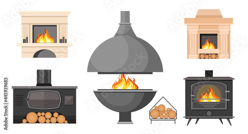Set Fireplaces, Traditional and Modern Style Indoor Chimneys with Burning Fire and Logs. Home Fireside, Heating System