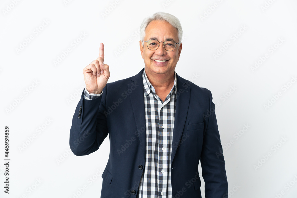 Middle age Brazilian man isolated on white background pointing up a great idea Middle age Brazilian man isolated on white background pointing up a great idea