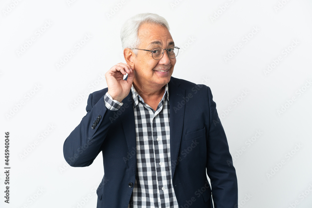 Middle age Brazilian man isolated on white background laughing Middle age Brazilian man isolated on white background laughing