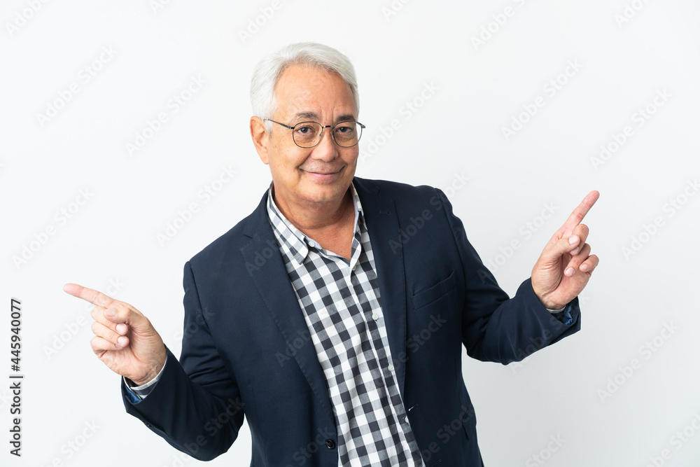 Middle age Brazilian man isolated on white background pointing finger to the laterals and happy Middle age Brazilian man isolated on white background pointing finger to the laterals and happy