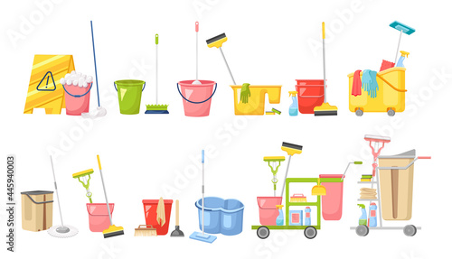 Set of Cleaning Service Equipment, Supplies for Washing Room. Janitor Cart with Maid Tools for Washing and Housekeeping
