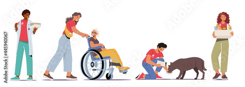Set Volunteering Theme. Characters Help Disabled Seniors, Feeding Homeless Dogs, Delivery Grocery for Helpless People