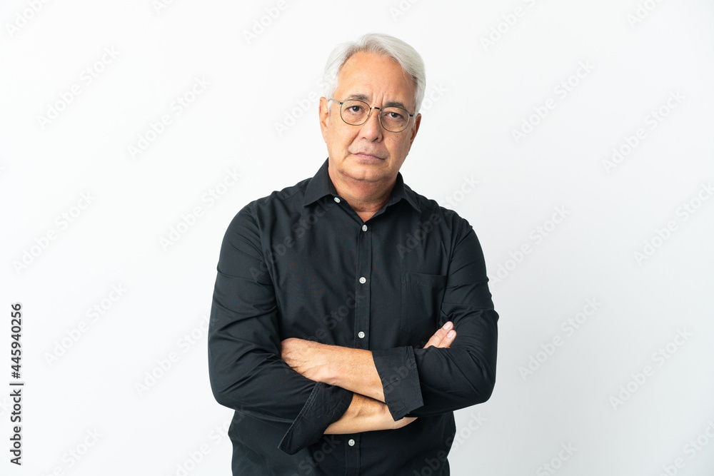Middle age Brazilian man isolated on white background with unhappy expression Middle age Brazilian man isolated on white background with unhappy expression