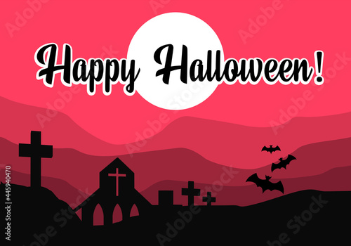 Happy halloween background for a party. Illustration for invitation to halloween party. Full moon  lit mice and grave crosses on a red background. Happy halloween decorations. All Hallows  Eve decor