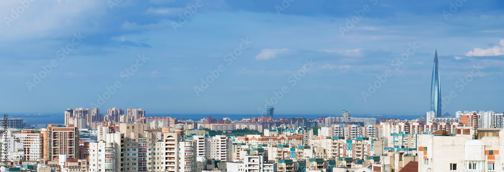 Primorsky district of Saint Petersburg, Russia. Panoramic aerial view of the  Gulf of Finland, Skyscraper Lakhta center in the background