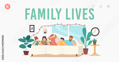 Family Lives Landing Page Template. Characters Mother, Father and Kids Lying Under Blanket on Bed in Cozy Room