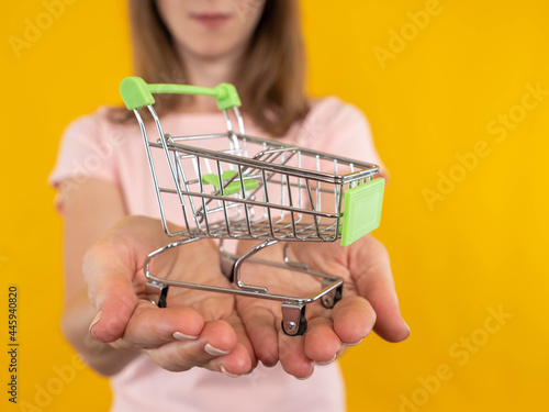 Mini shopping cart in woman hand. Young woman with shopping trolley. Mini trolley from supermarket close-up. Blurred female shopper in background. Shopping invitation concept. Purchase in supermarket