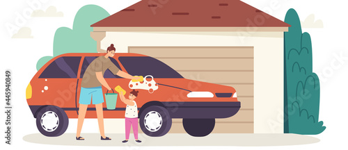 Happy Young Mother and Little Daughter Lather Auto with Soap, Family Characters Wash Car at Cottage Back Yard