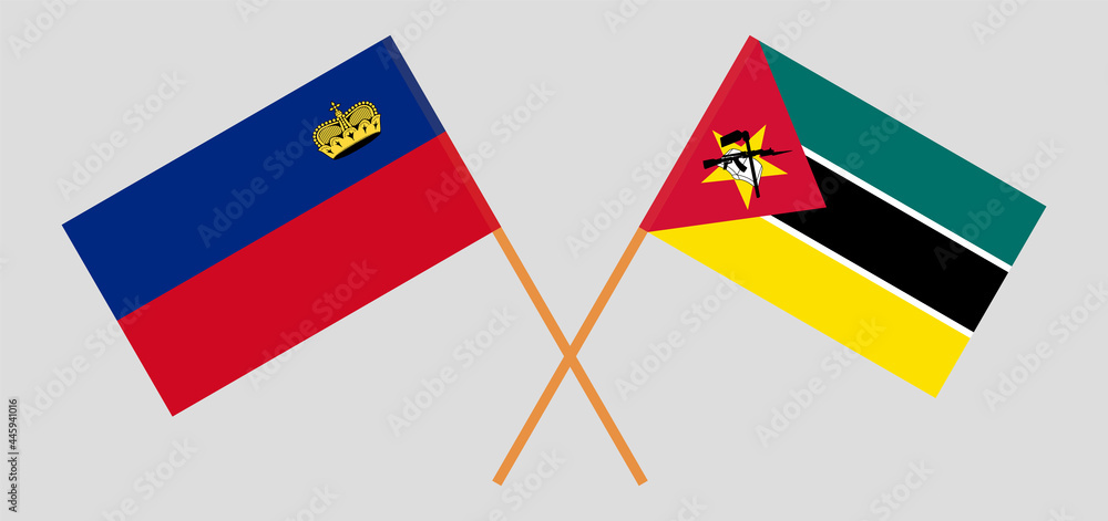 Crossed flags of Liechtenstein and Mozambique. Official colors. Correct proportion Crossed flags of Liechtenstein and Mozambique. Official colors. Correct proportion