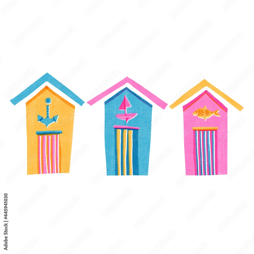 Whimsical beach hut riso print design element. Colorful cute screen print effect. Playful summer uk seaside staycation illustration.  High resolution british travel art icon motif isolated on white.
