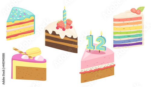 Set Cake, Birthday Dessert Pieces with Candles, Fruits or Berries. Confectionery Sweet Production Pies, Pastry, Bakery