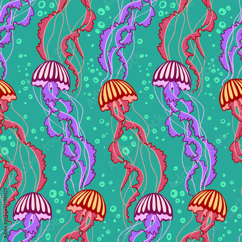  Seamless vector pattern of colorful jellyfish on blue background