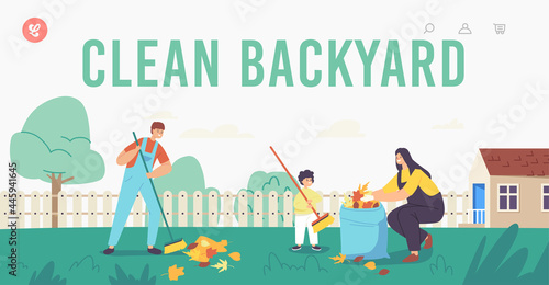 Landing Page Template. Happy Mother and Sons Garden Clean Up Works. Family Characters Cleaning Backyard Having Fun