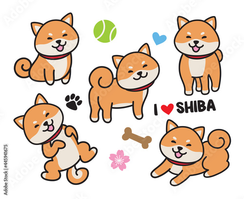 Cute shiba inu dog vector illustration set.
