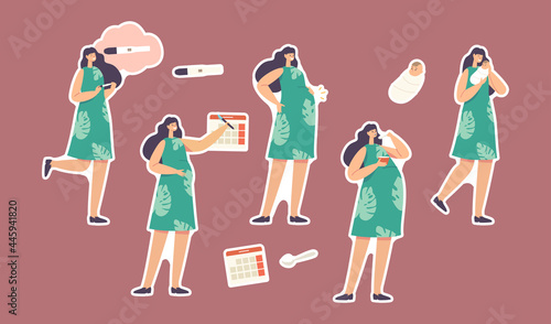 Set of Stickers Pregnancy Stages, Maternity Themed. Female Character with Positive Test, Calendar Date, Growing Belly