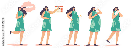 Maternity, Female Character Pregnancy Stages. Positive Test, Calendar Date, Growing Belly, Woman Eating and Carry Baby