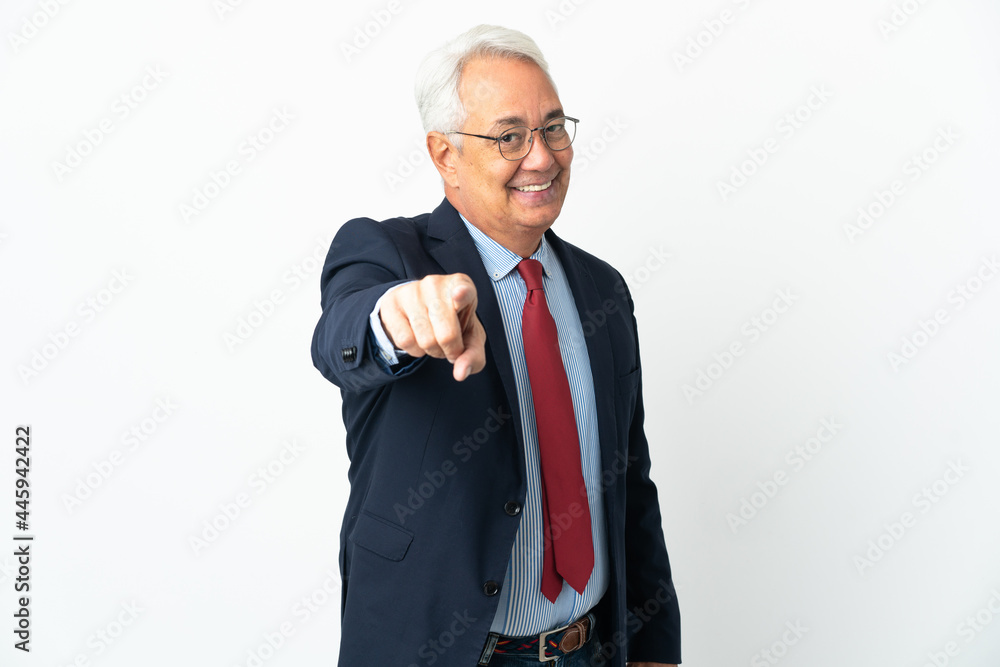 Middle age Brazilian business man isolated on white background pointing front with happy expression Middle age Brazilian business man isolated on white background pointing front with happy expression