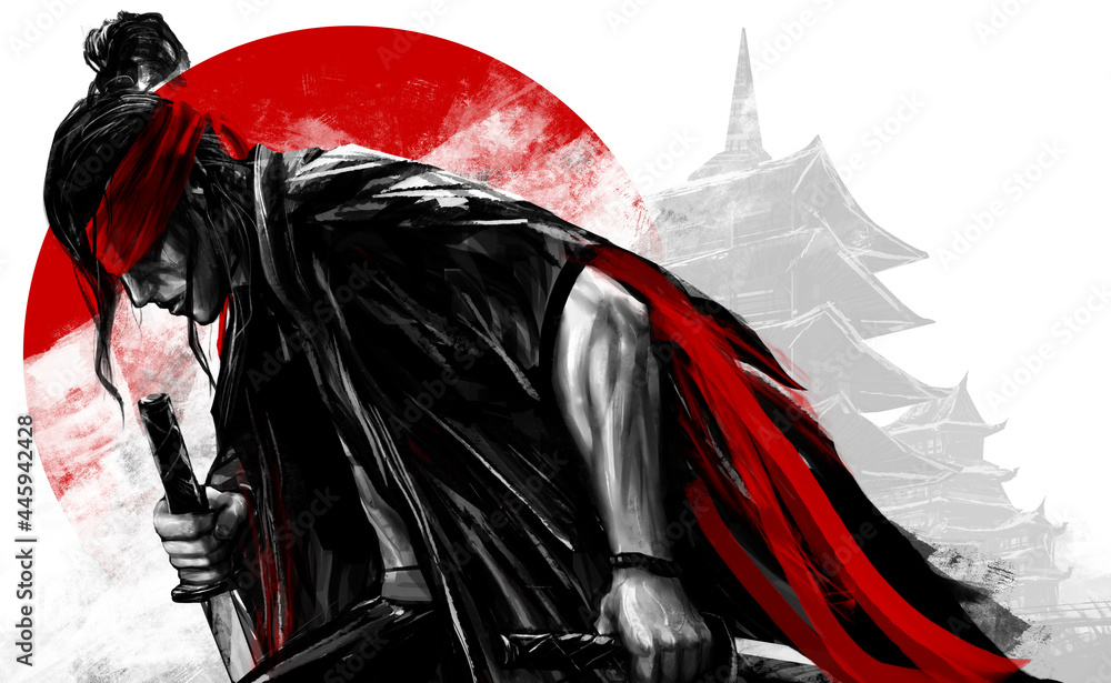 Artwork illustration of japanese samurai warrior kneeling with swords. - obrazy, fototapety, plakaty 